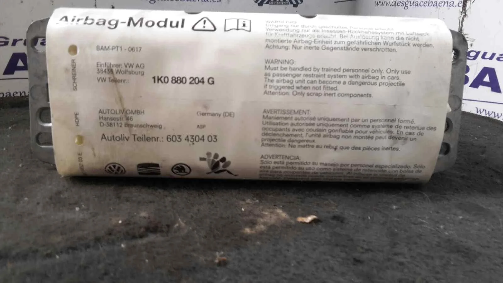 Foto de AIRBAG DELANTERO DERECHO SIN MARCA SIN MODELO referencia 1K0880204G